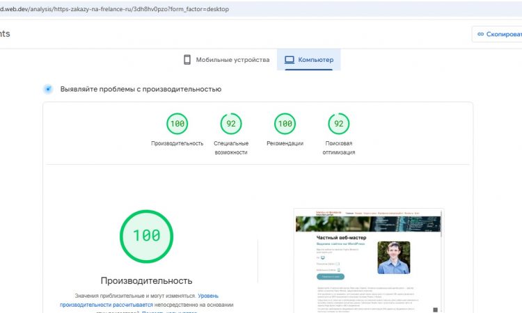 ПК по Page Speed Insights Скорость загрузки сайта "Заказы на фрилансе", ПК-версия