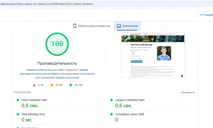 ПК по Page Speed Insights FCP LCP TBT CLS SI Скорость загрузки сайта "Заказы на фрилансе" с показателями, ПК-версия