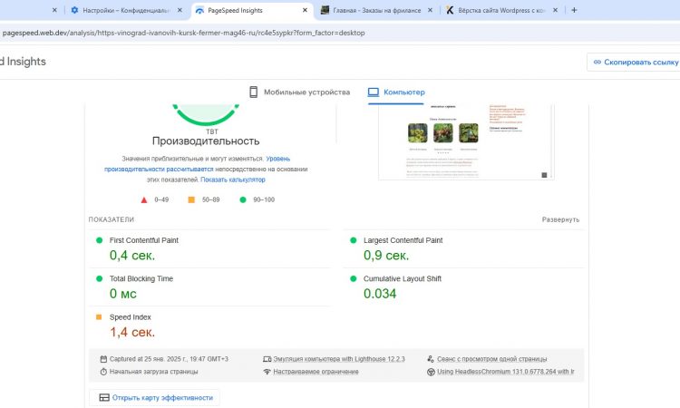 ПК по Page Speed Insights FCP LCP TBT CLS SI Скорость загрузки сайта "Виноград Ивановых Курск" с показателями, ПК-версия